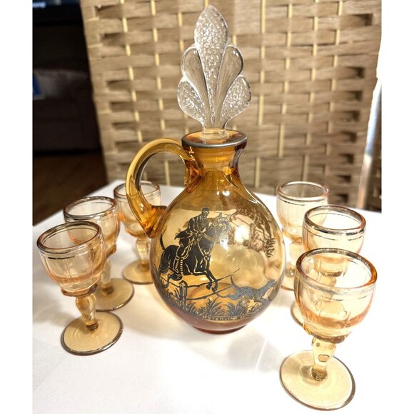 RARE Vintage Amber Glass Decanter Set With Stopper & 6 Cordial Glasses - Picture 2 of 3